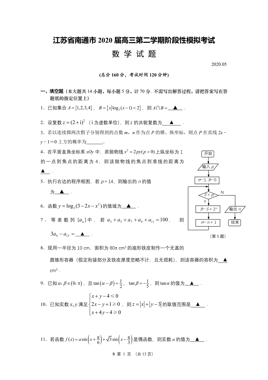 江苏省南通市2020届高三下学期阶段性模拟考试 数学 WORD版含答案.docx_第1页