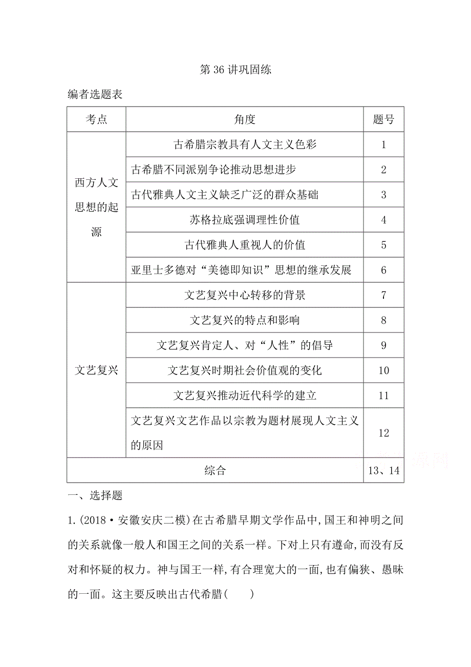 2020高考岳麓版历史总复习练习：第36讲　人文主义思想的起源和文艺复兴 巩固练 WORD版含解析.doc_第1页