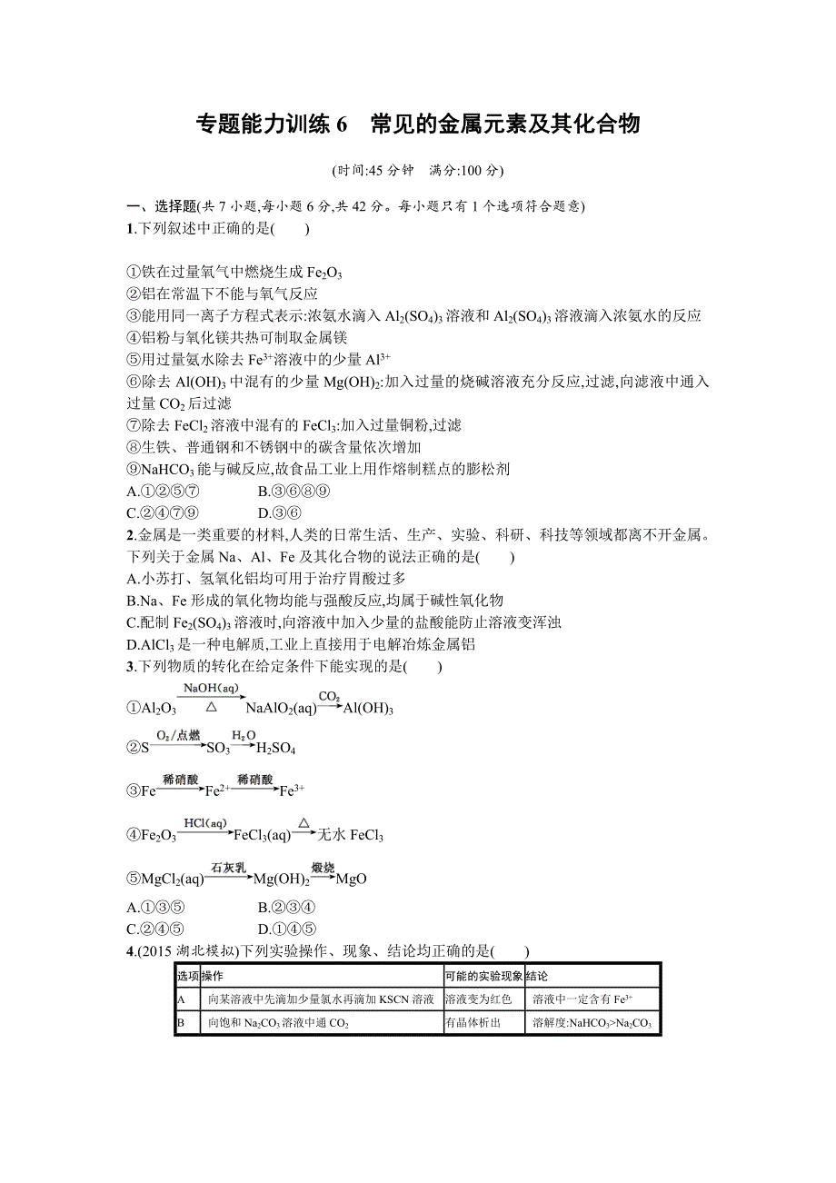 2016年高考化学二轮复习专题能力训练6　常见的金属元素及其化合物 WORD版含答案.doc_第1页