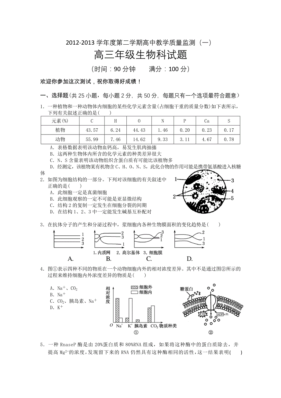 海南省琼海市2013届高三下学期教学质量检测一 生物 WORD版含答案.doc_第1页