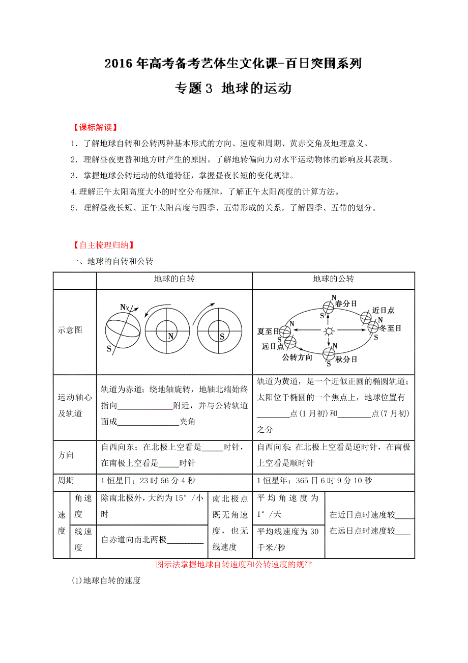 2016年高考地理备考艺体生百日突围系列 专题03地球的运动原卷版 WORD版缺答案.doc_第1页