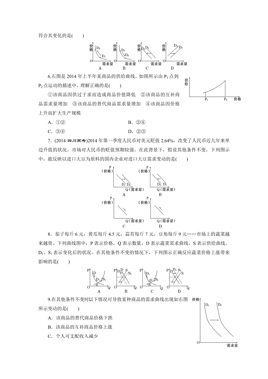 江苏2015届高考政治二轮复习 特色专题训练(二) 经济生活中的曲线图题 WORD版含解析.doc_第2页