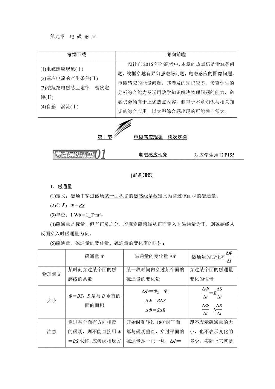 江苏专版2016届高考物理总复习考点层级清单 第九章 电磁感应.DOC_第1页