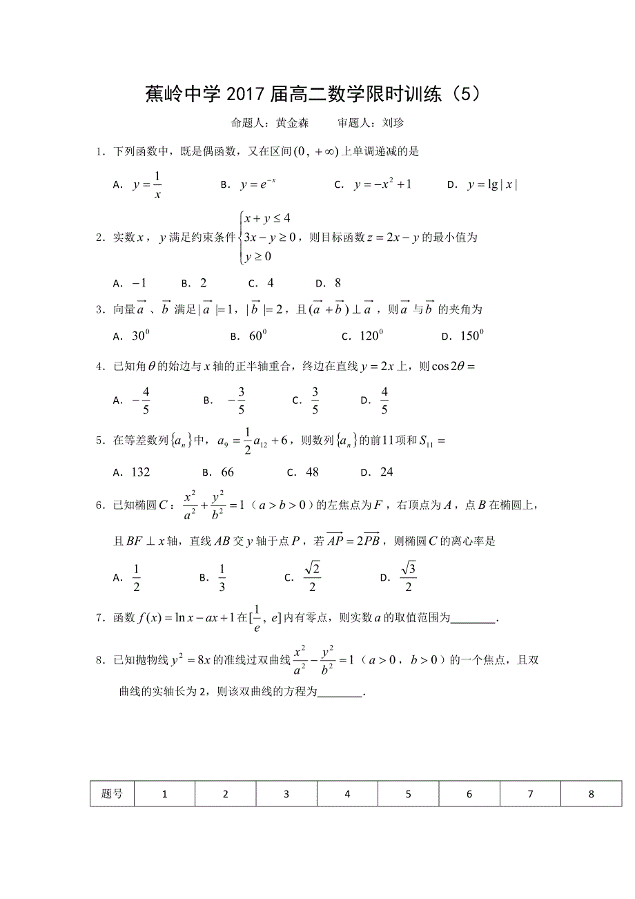 广东省梅州市蕉岭中学2016-2017学年高二上学期数学周训试题（5） WORD版缺答案.doc_第1页