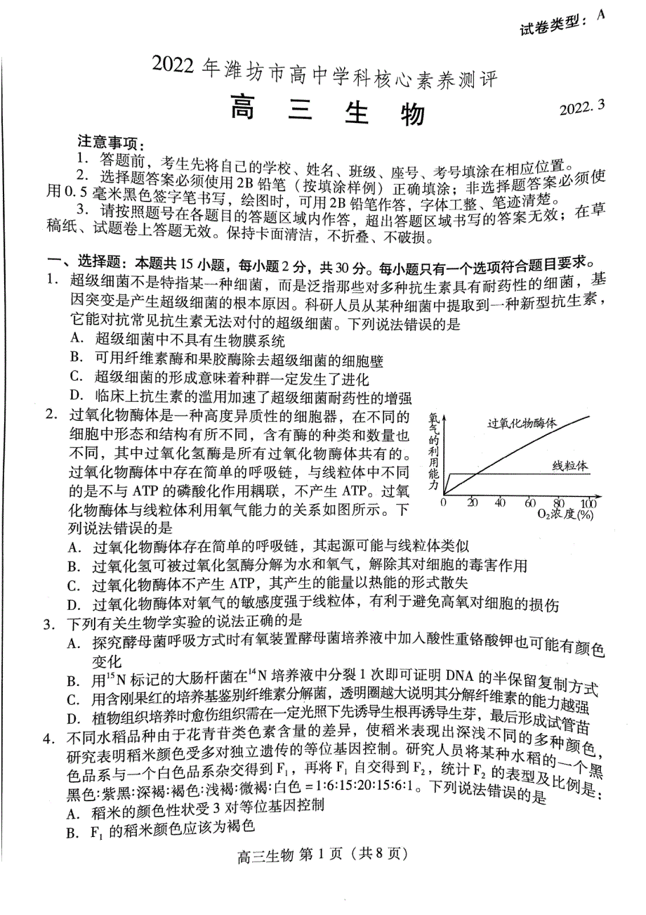 2022年潍坊市高中学科核心素养测评试卷及答案 高三生物.pdf_第1页