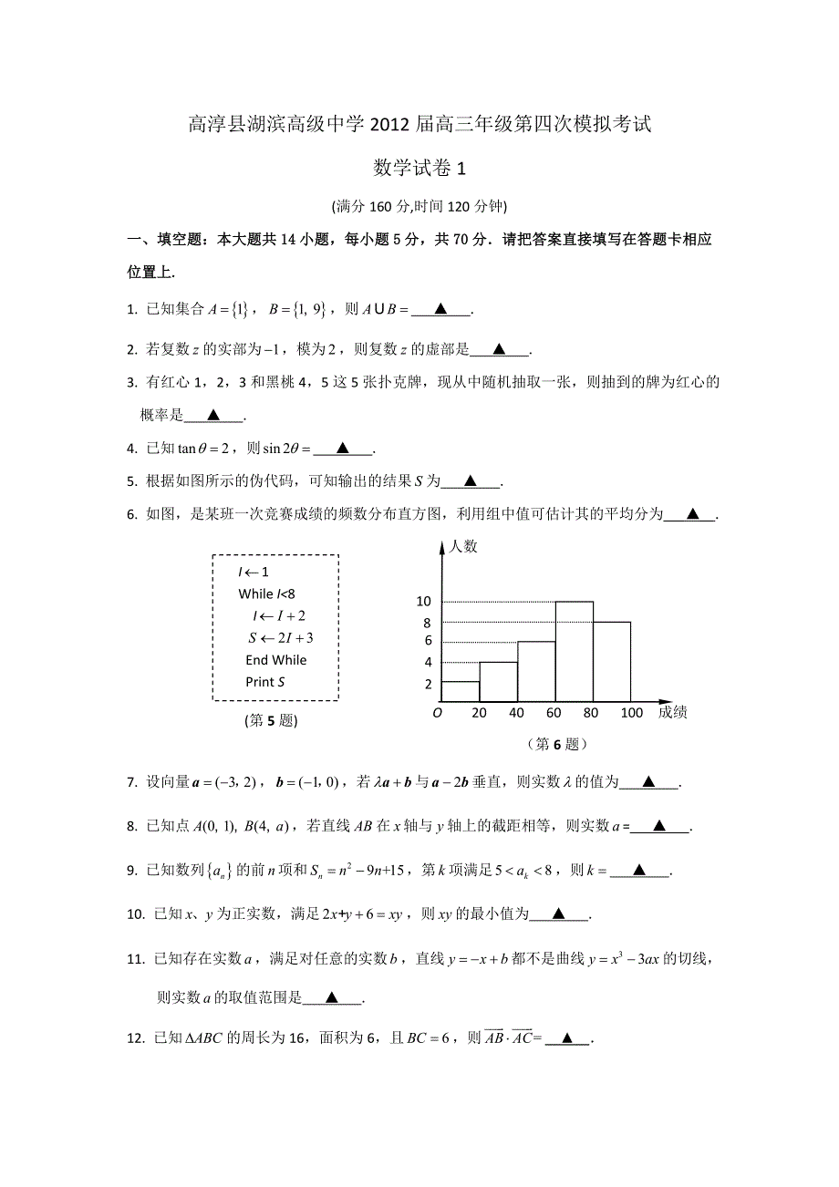 江苏南京湖滨高级中学2012届高三第四次模拟考试数学试题.doc_第1页