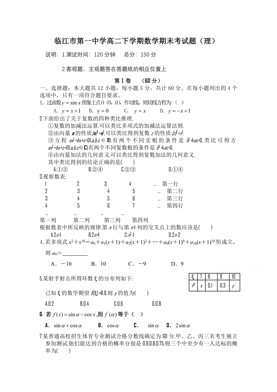 吉林省临江一中2013—2014学年度高二下学期期末考试数学（理）试题 WORD版缺答案.doc_第1页