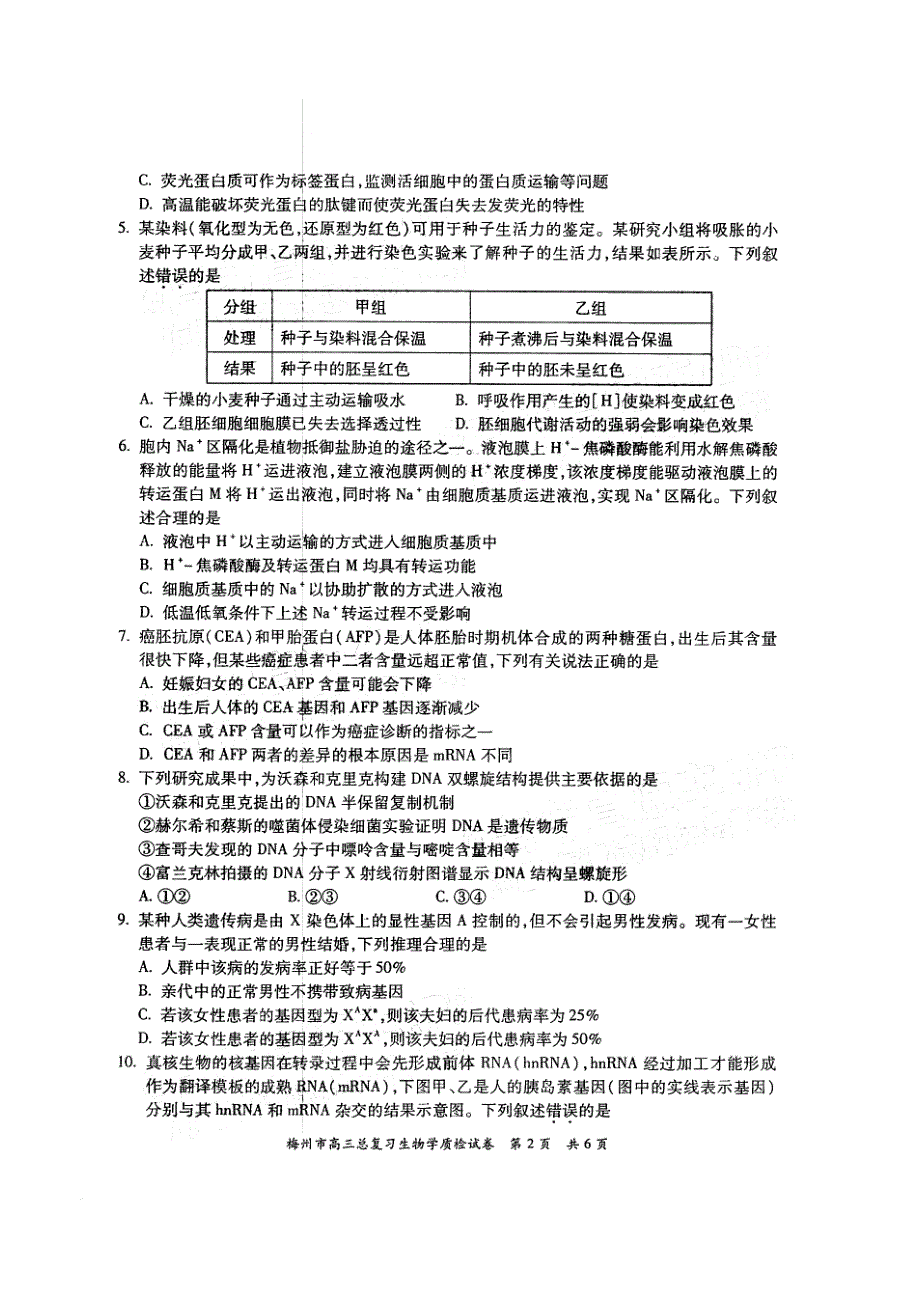 广东省梅州市2022届高三2月总复习质检（一模） 生物 PDF版含答案.pdf_第2页