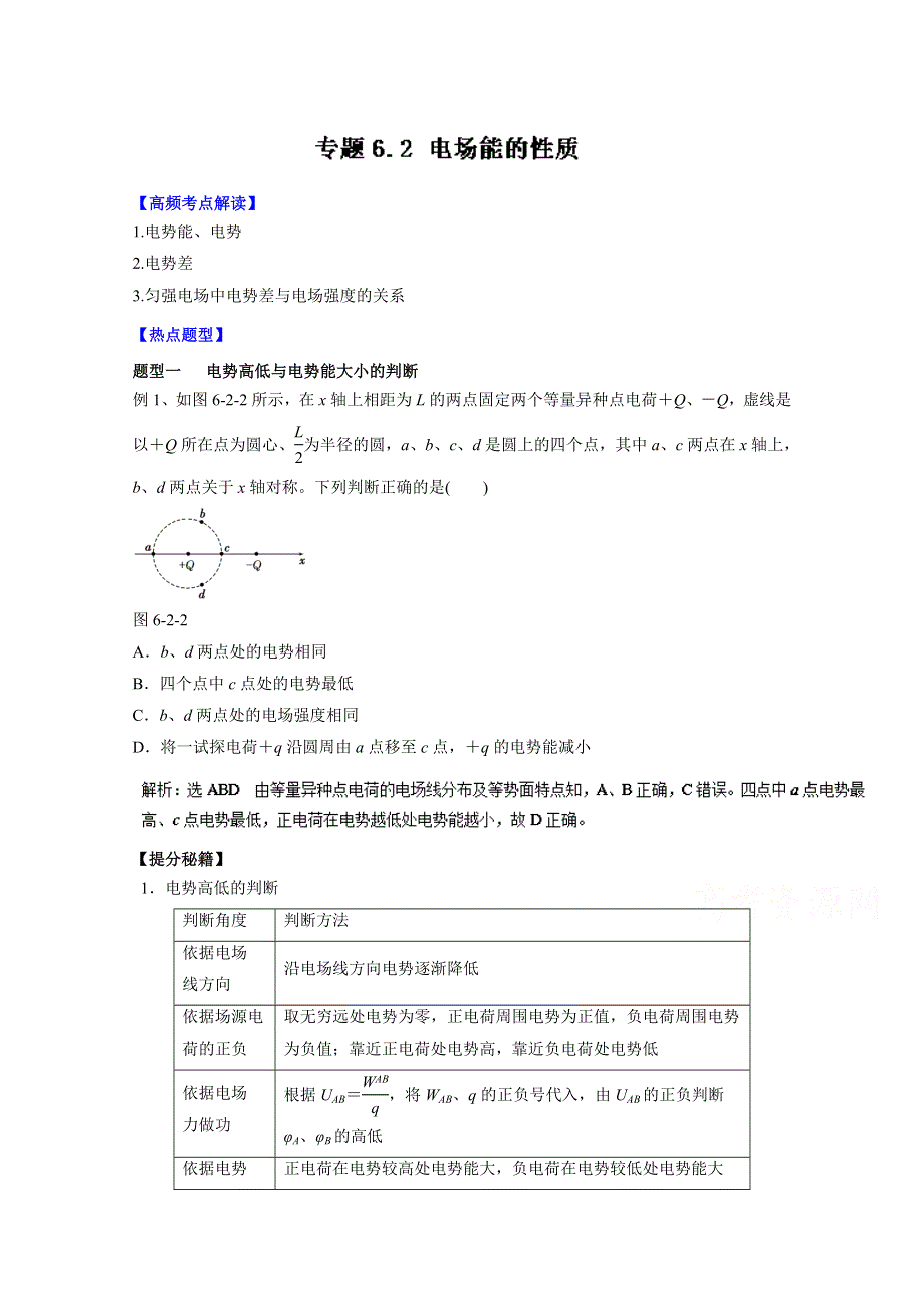 2016年高考物理热点题型和提分秘籍专题 6.2电场能的性质（解析版）WORD版含解析.doc_第1页