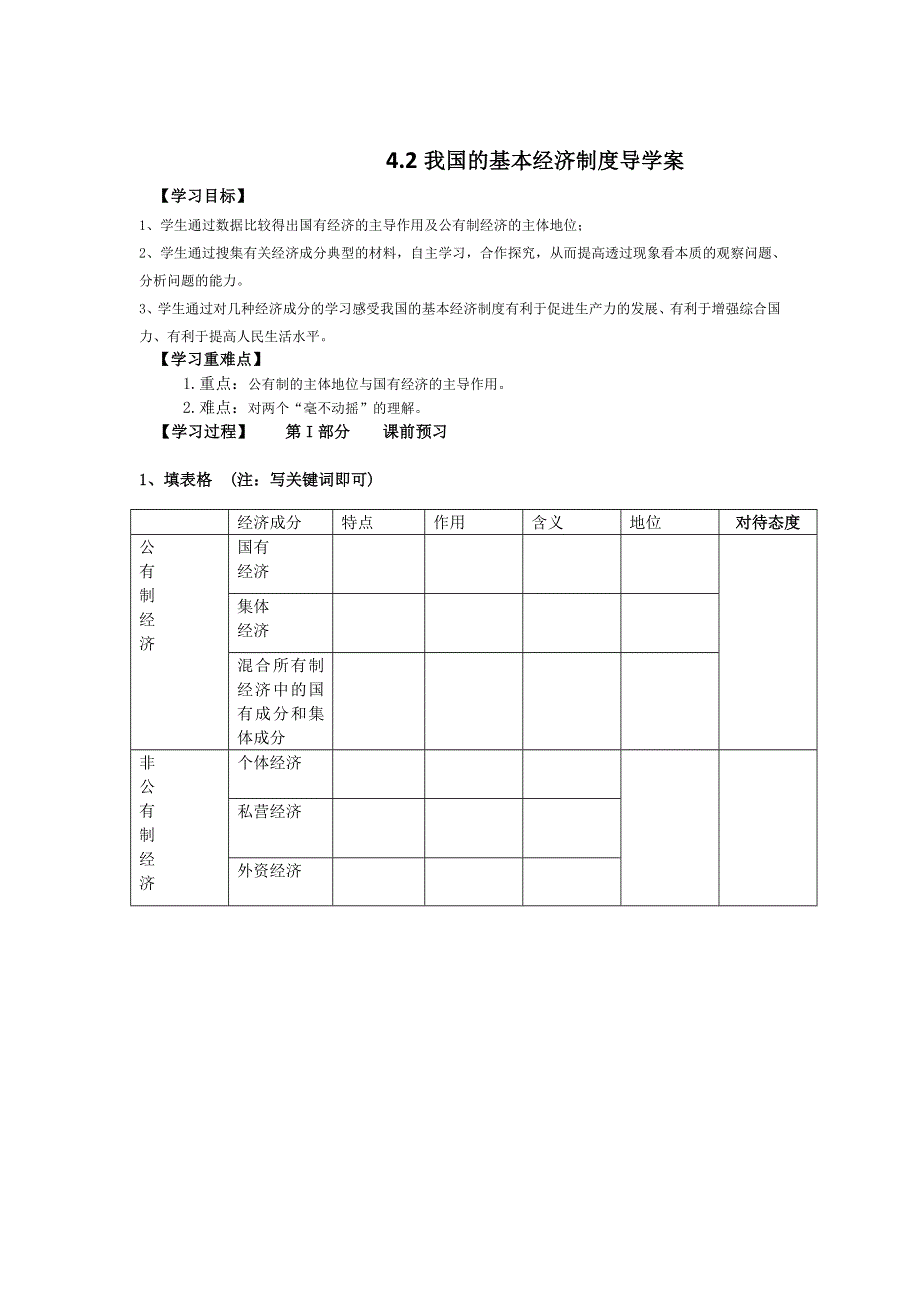 内蒙古巴彦淖尔市第一中学人教版高一政治必修一导学案：4-2我国的基本经济制度 WORD版无答案.doc_第1页