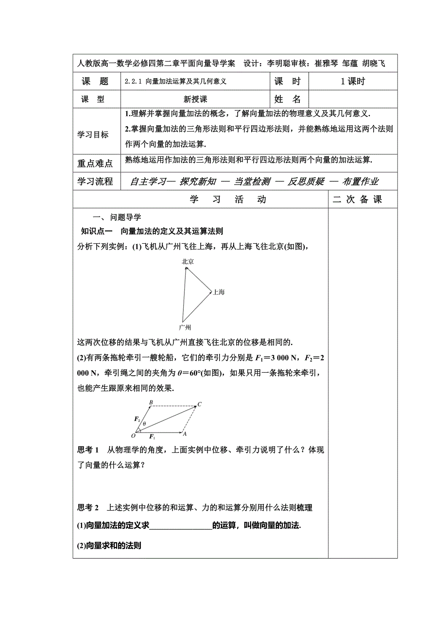 吉林省伊通满族自治县第三中学校高中数学必修四：2-2-1　向量加法运算及其几何意义 学案 .doc_第1页