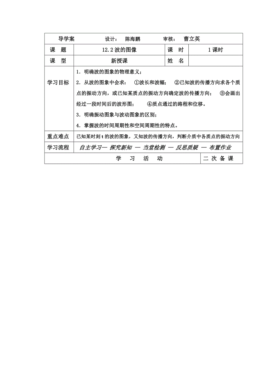 吉林省伊通满族自治县第三中学校高中物理选修3-4：12-2波的图像 学案 .doc_第1页