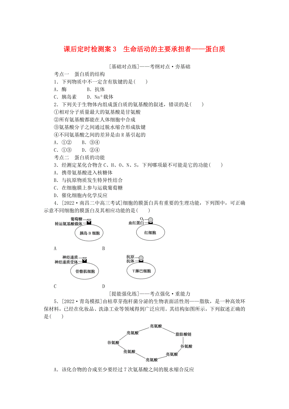 （统考版）2023版高考生物一轮复习 课后定时检测案3 生命活动的主要承担者——蛋白质.docx_第1页