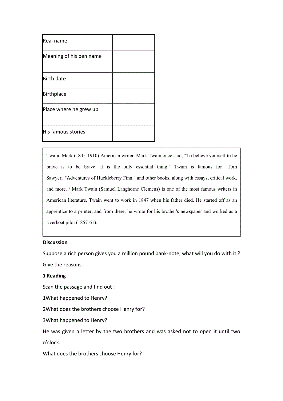 广东省汕头市东厦中学高中英语必修三：UNIT3 THE MILLION POUND BANK NOTE WARMING UP AND READING教案 .doc_第2页