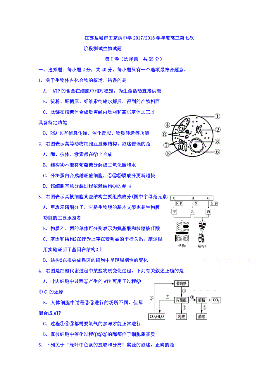 江苏盐城田家炳中学2018届高三第七次阶段考试生物试题 WORD版含答案.doc_第1页