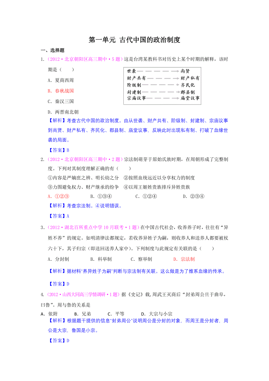 2012高一历史单元测试 第一单元 古代中国的政治制度 53（人教版必修1）.doc_第1页