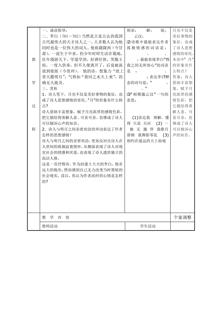 江苏新沂二中高二语文苏教版教案：专题3《月下独酌》（《唐诗宋词选读》） .doc_第2页