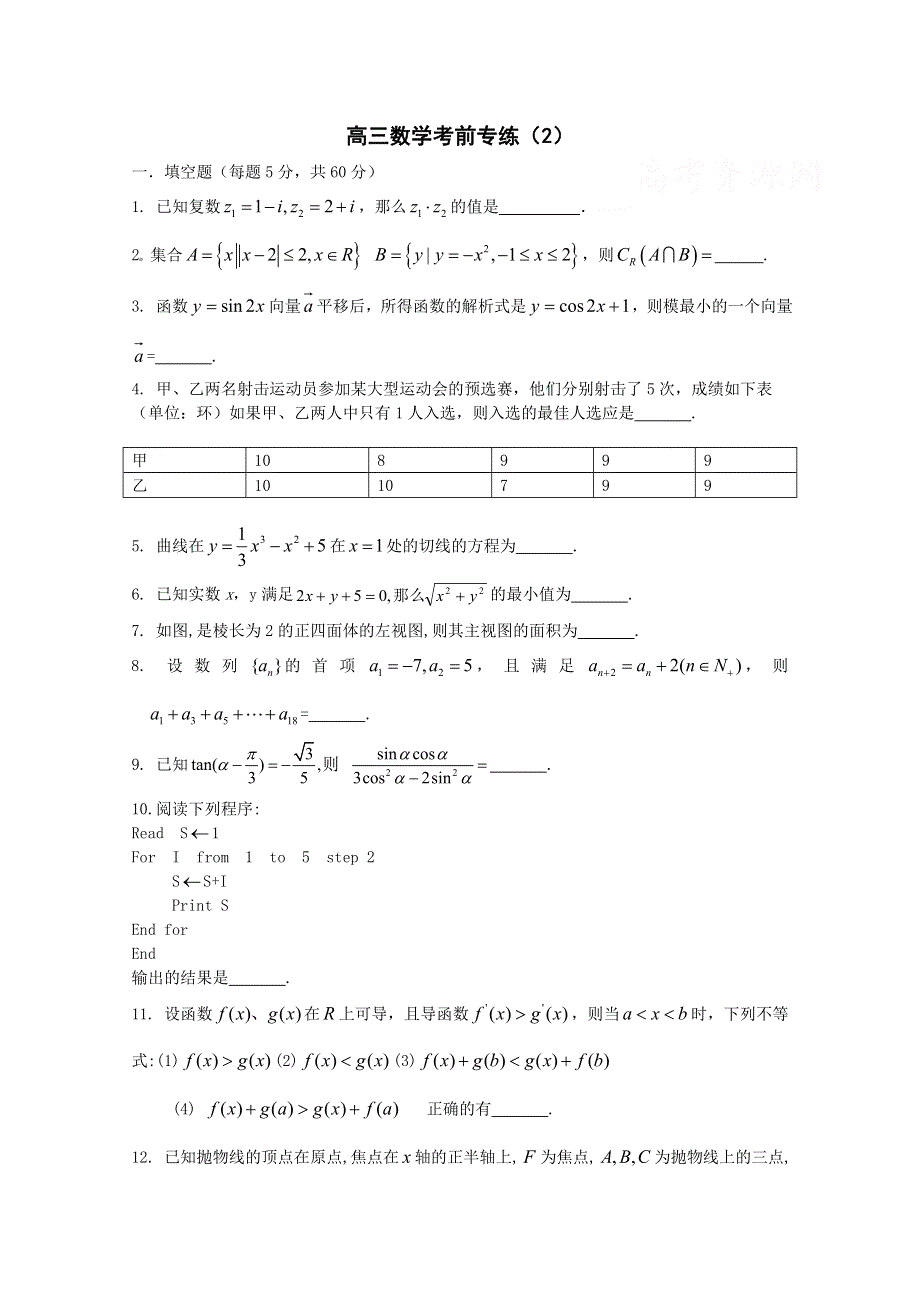 江苏省2011年高考数学考前专练习题精华2.doc_第1页