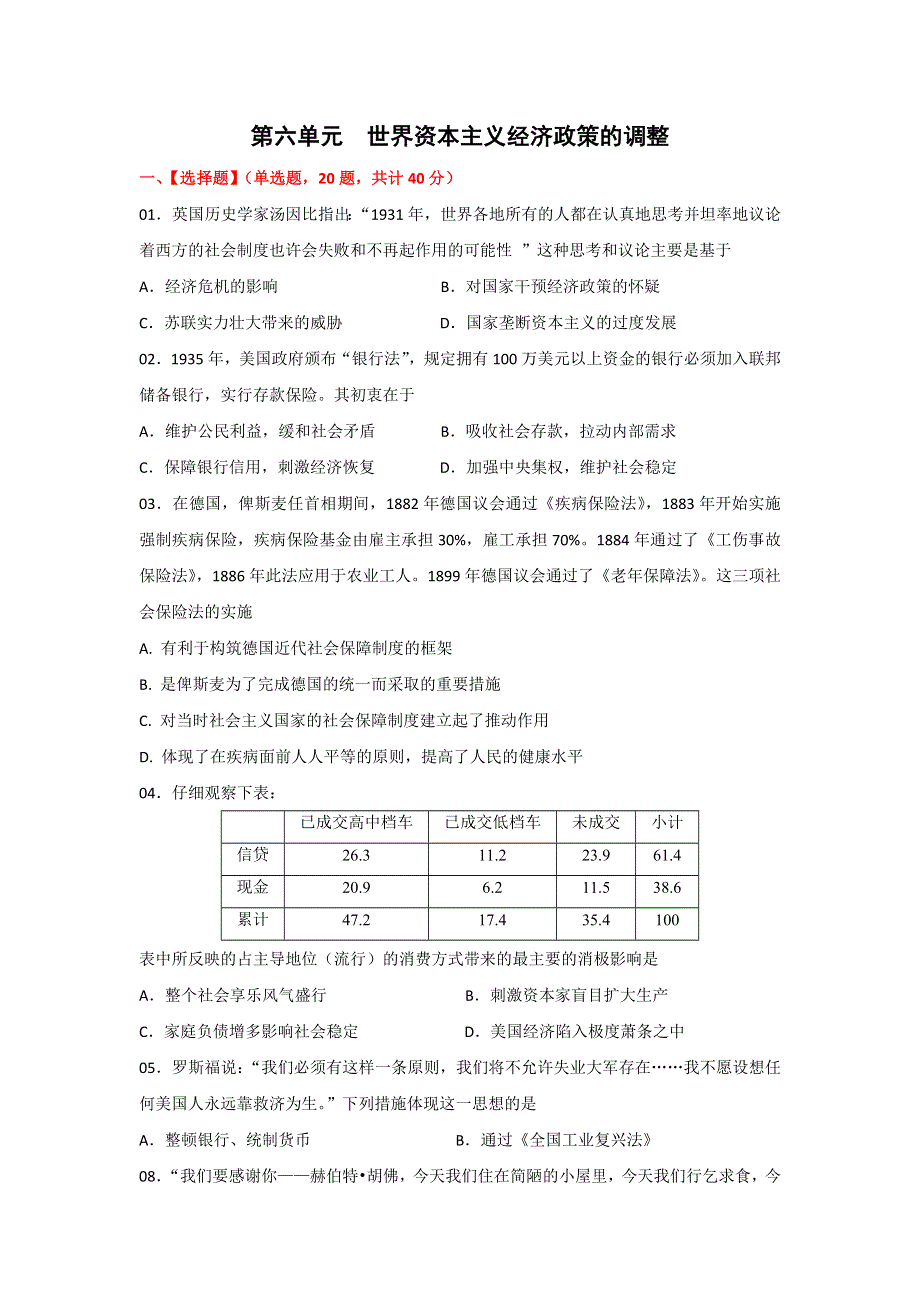 2012高一历史单元测试 第六单元 世界资本主义经济政策的调整 34（人教版必修2）.doc_第1页