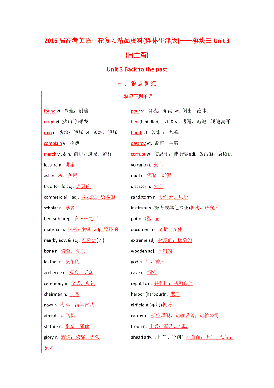 2016年高考英语一轮复习讲练测（译林牛津版）：模块3.3 BACK TO THE PAST（讲） WORD版含解析.doc_第1页