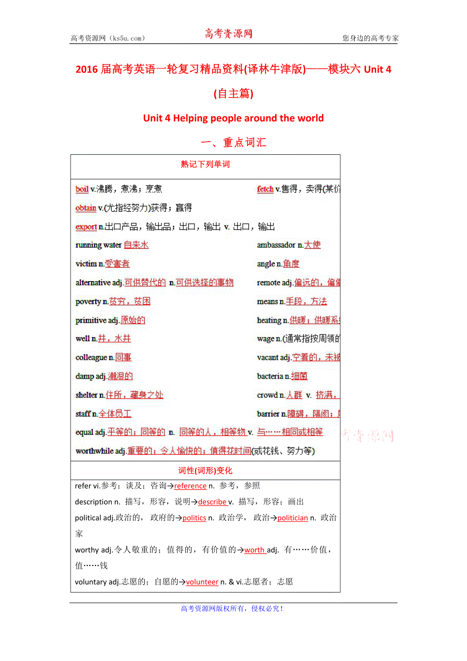 2016年高考英语一轮复习讲练测（译林牛津版）：模块6.4 HELPING PEOPLE AROUND THE WORLD（讲） WORD版含解析.doc_第1页