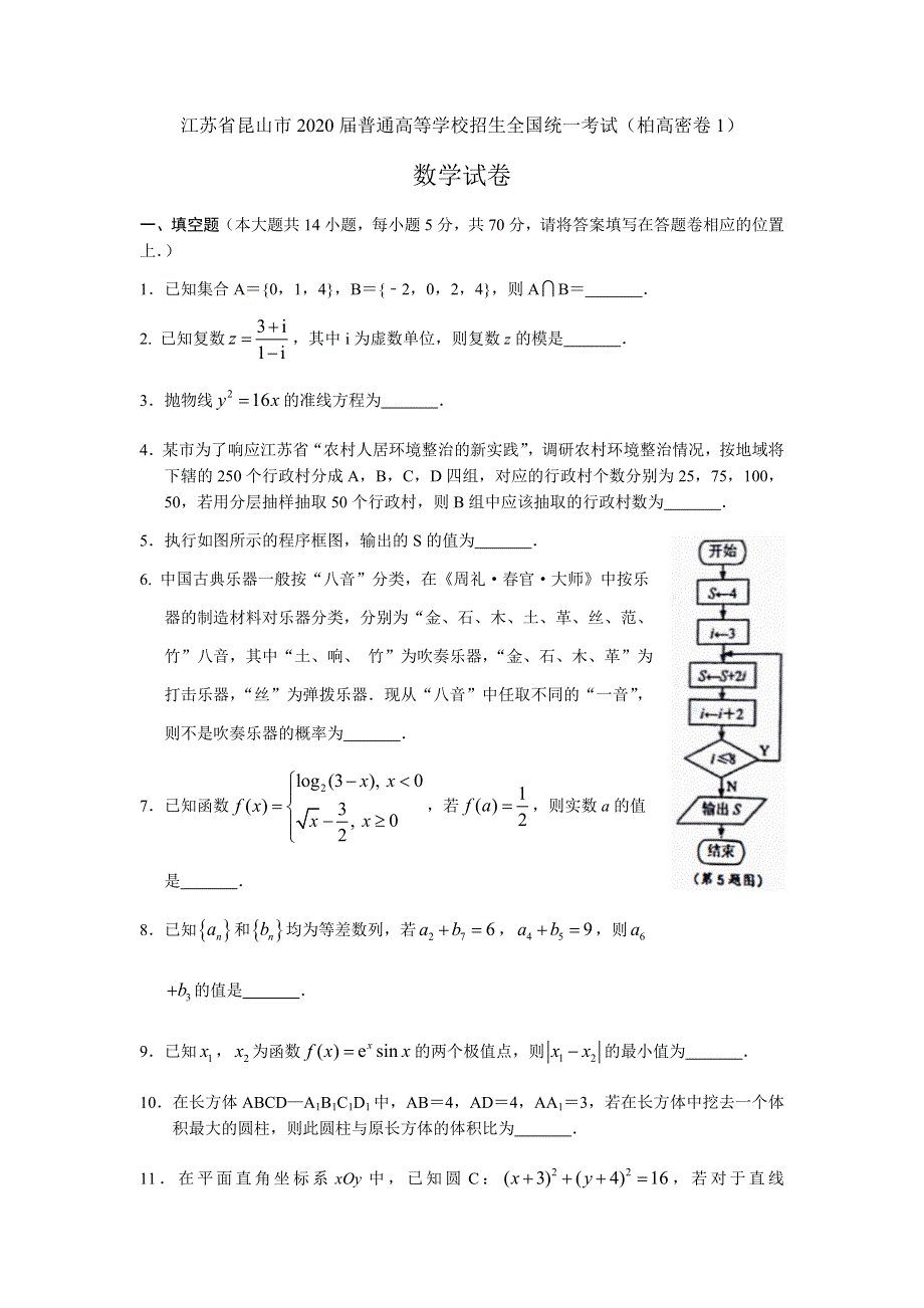 江苏省昆山市2020届高三普通高等学校招生全国统一考试（柏高密卷1）数学试卷无附加题 WORD版含答案.docx_第1页