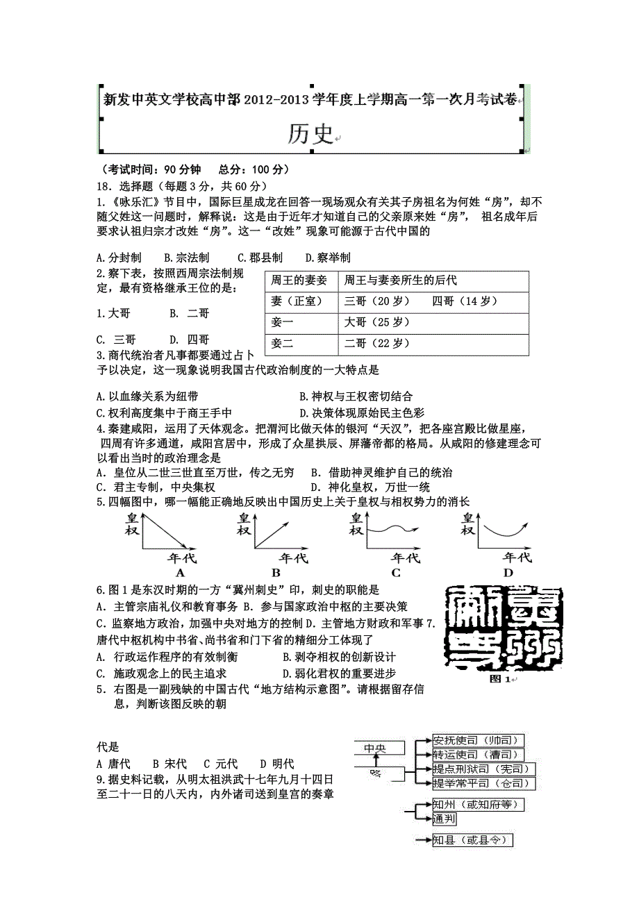 广东省汕头市潮南新发中英文学校2012-2013学年高一上学期第一次月考历史试题（无答案）.doc_第1页