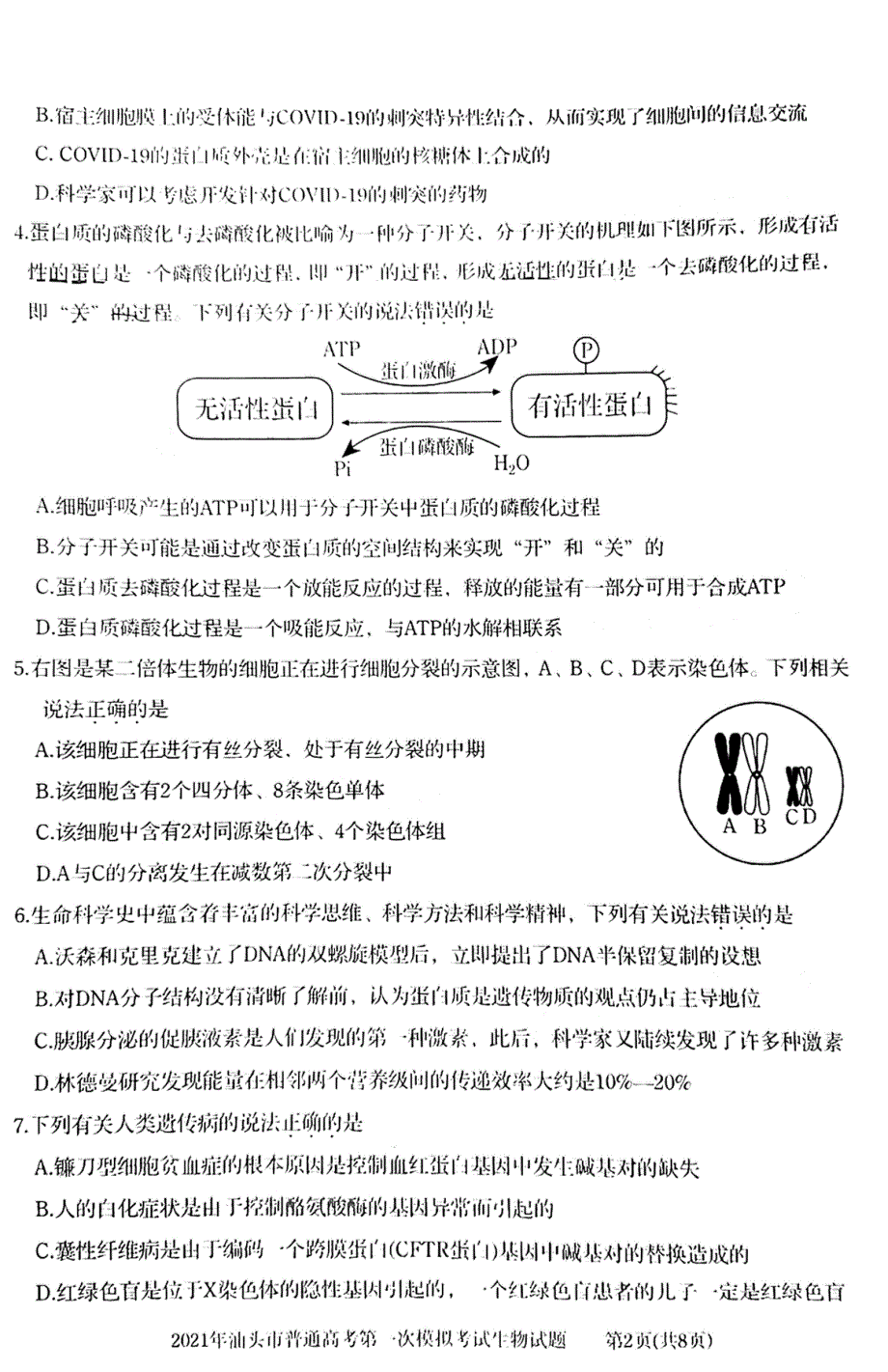 广东省汕头市2021届高三下学期普通高考第一次模拟考试生物试题 扫描版含答案.pdf_第2页