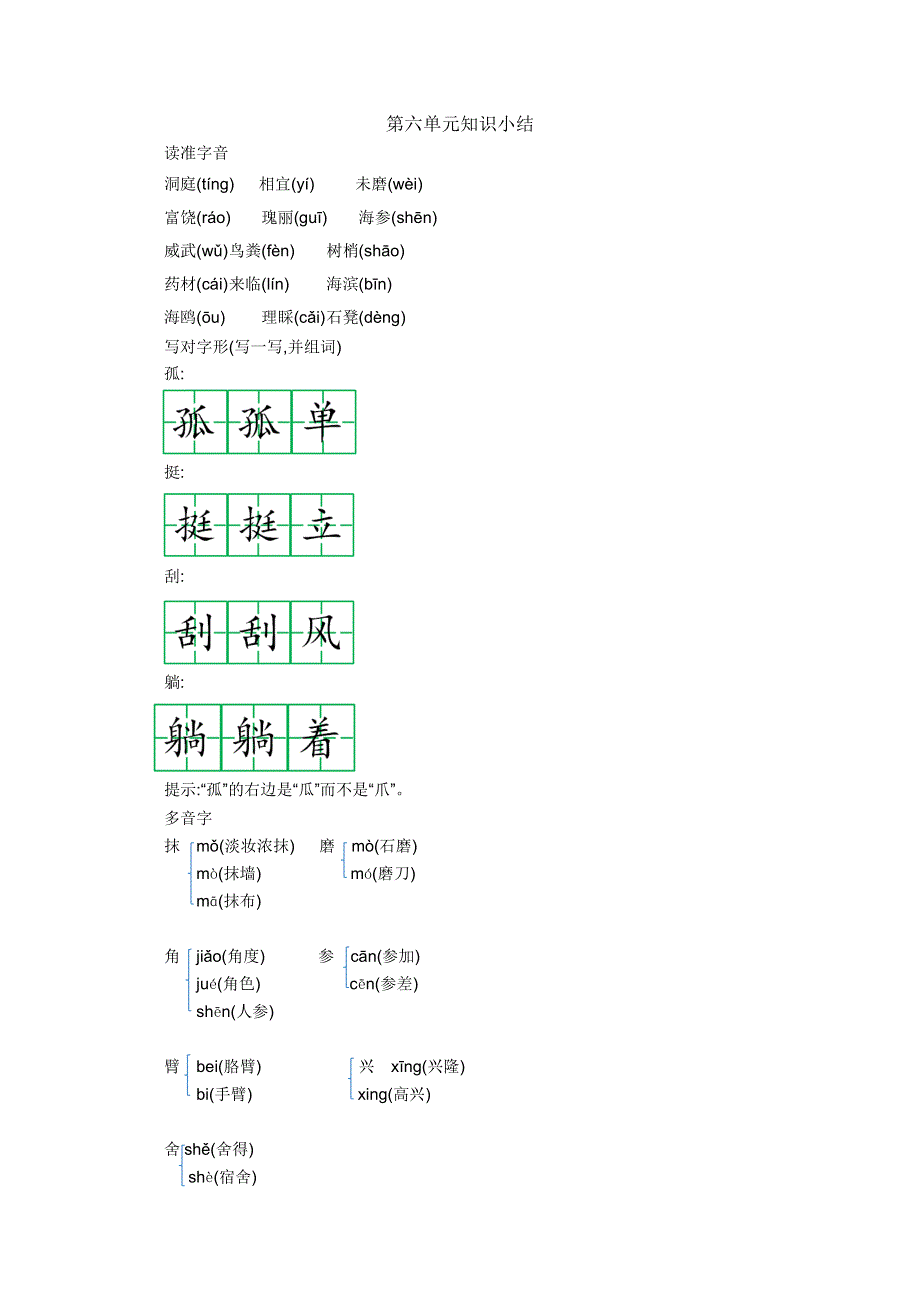 2021年部编版三年级语文上册第六单元知识点小结.doc_第1页