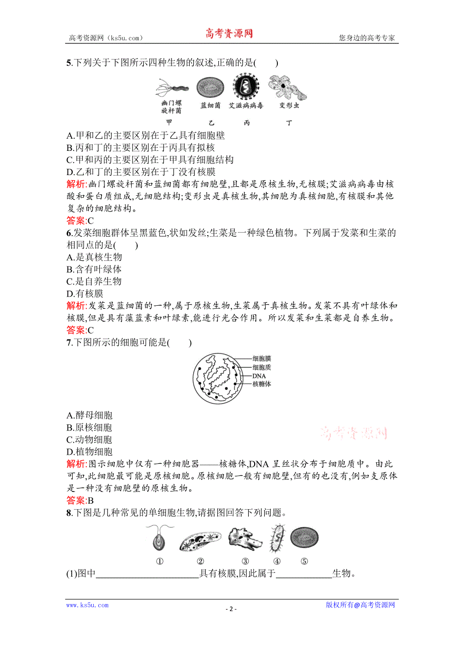 新教材2021-2022学年高中生物人教版（2019）必修1习题：第1章　第2节　细胞的多样性和统一性 WORD版含解析.docx_第2页