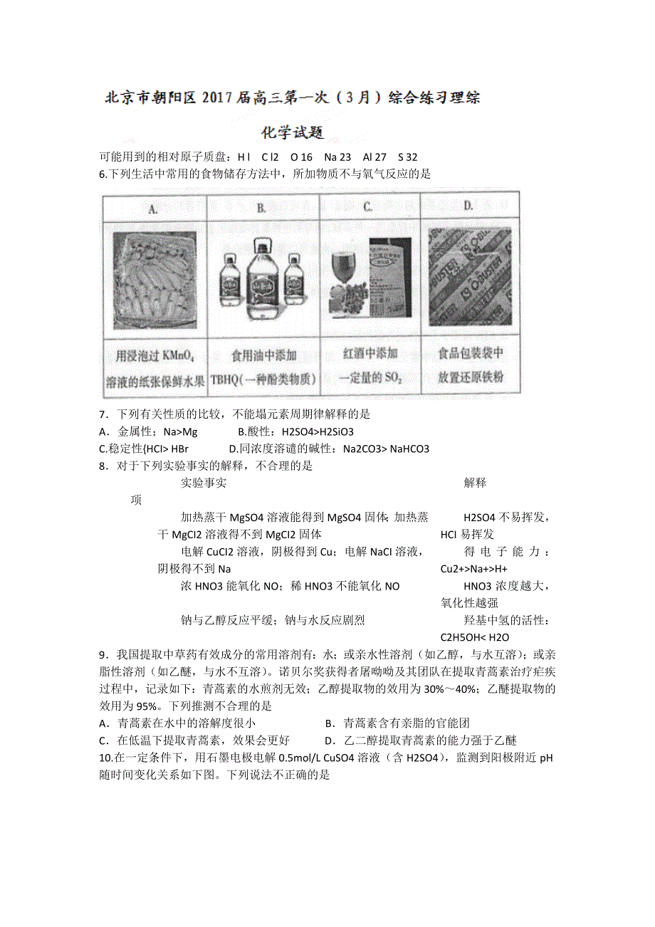 北京市朝阳区2017届高三第一次（3月）综合练习理综化学试题 WORD版含解析.doc_第1页