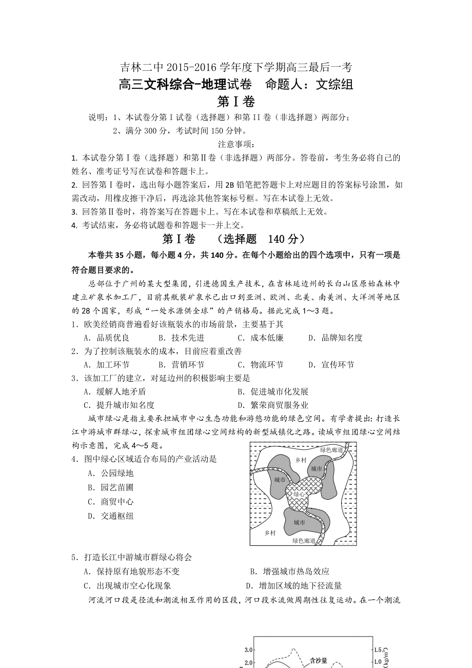 吉林省吉林二中2016届高三下学期最后一考文综-地理试题 WORD版含答案.doc_第1页