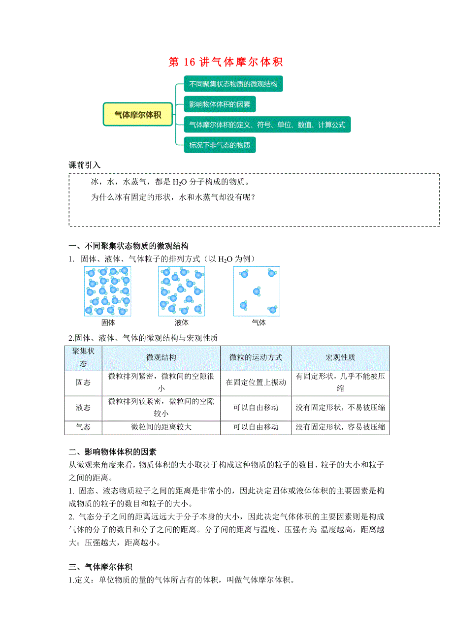 高一化学新人教版同步精讲必修一第16讲气体摩尔体积.docx_第1页