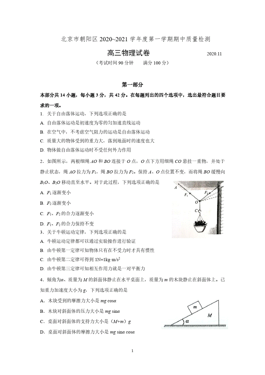 北京市朝阳区2021届高三上学期期中考试物理试卷 PDF版含答案.pdf_第1页