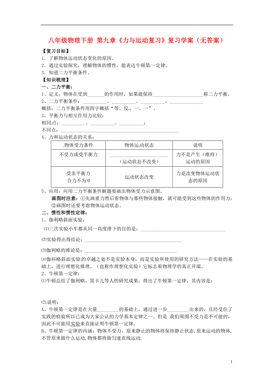 江苏省洪泽外国语中学八年级物理下册 第九章《力与运动复习》复习学案（无答案）（新版）苏科版.docx_第1页