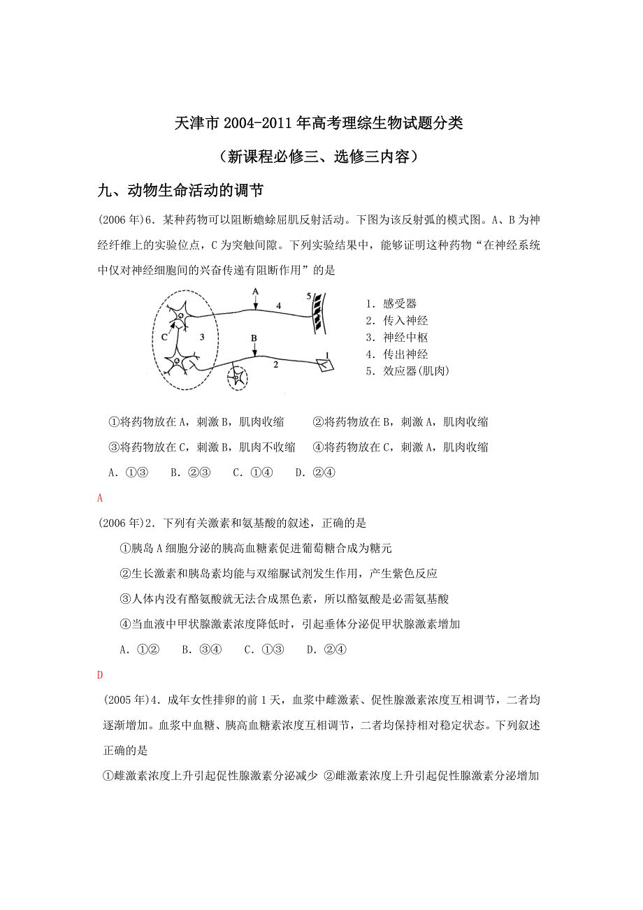 天津2014年高考理综生物试题分类素材：2004-2011年 必修三 选修三.doc_第1页