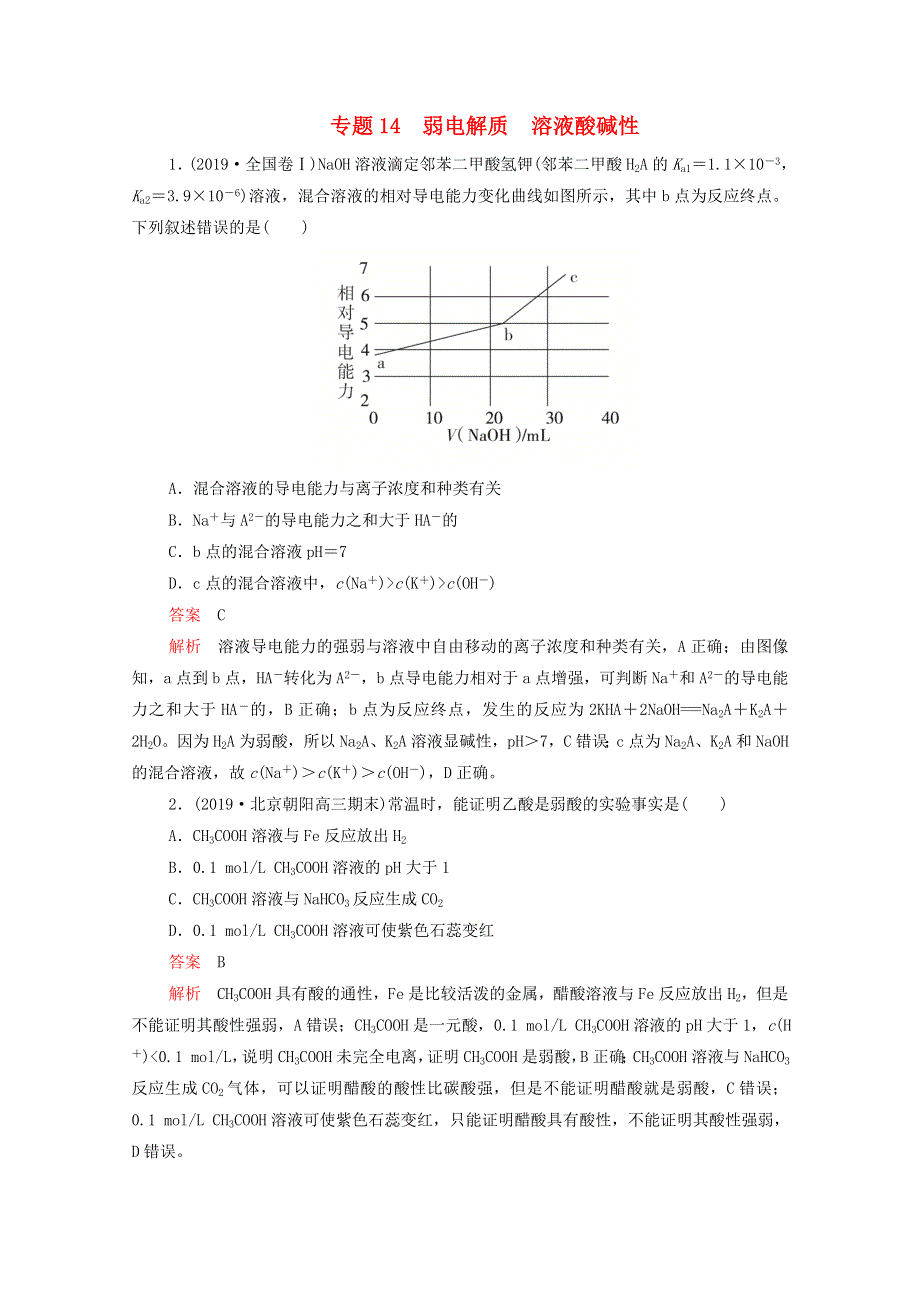 2021年高考化学一轮复习 第一部分 专题14 弱电解质 溶液酸碱性练习（含解析）.doc_第1页