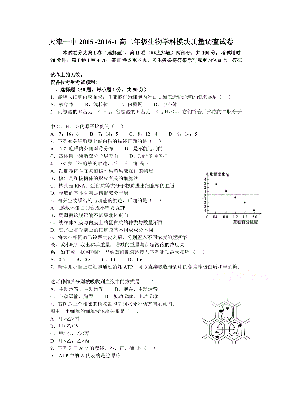 天津一中2015-2016学年高二上学期期中考试生物试题 WORD版含答案.doc_第1页