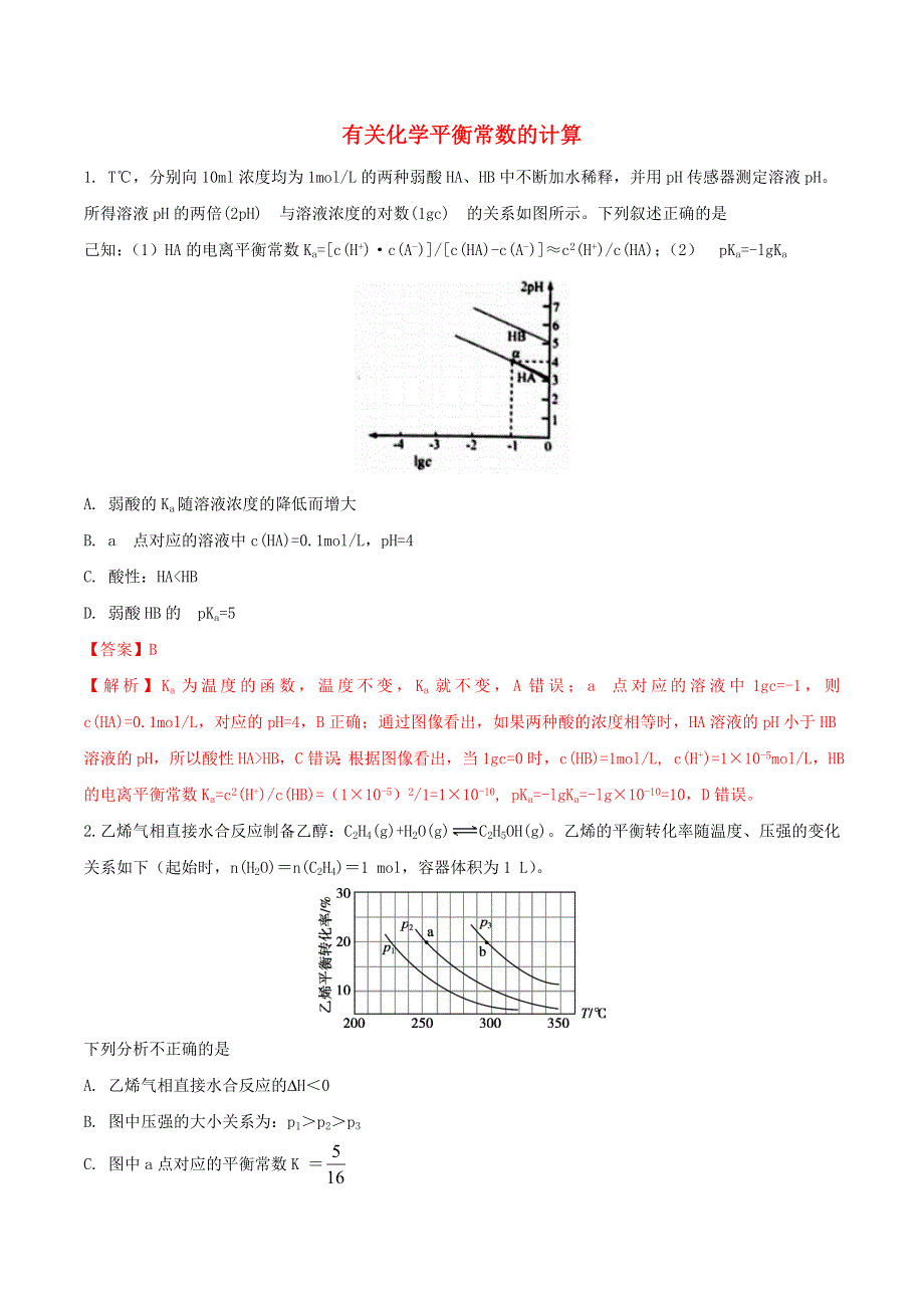 2021年高考化学热点题型训练 有关化学平衡常数的计算（含解析）.doc_第1页