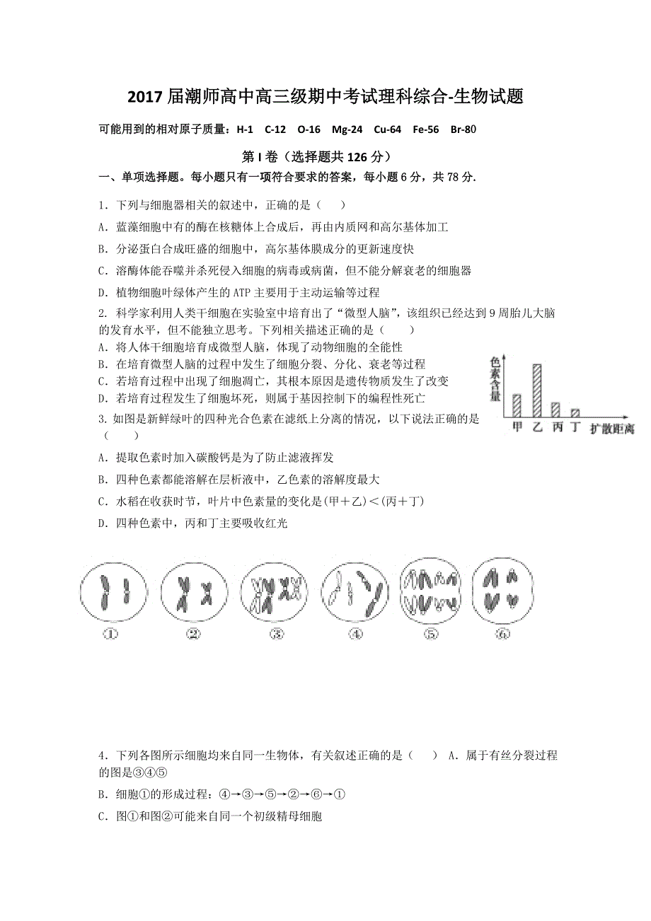 广东省汕头市潮师高级中学2017届高三上学期期中考试理科综合-生物试题 WORD版含答案.doc_第1页