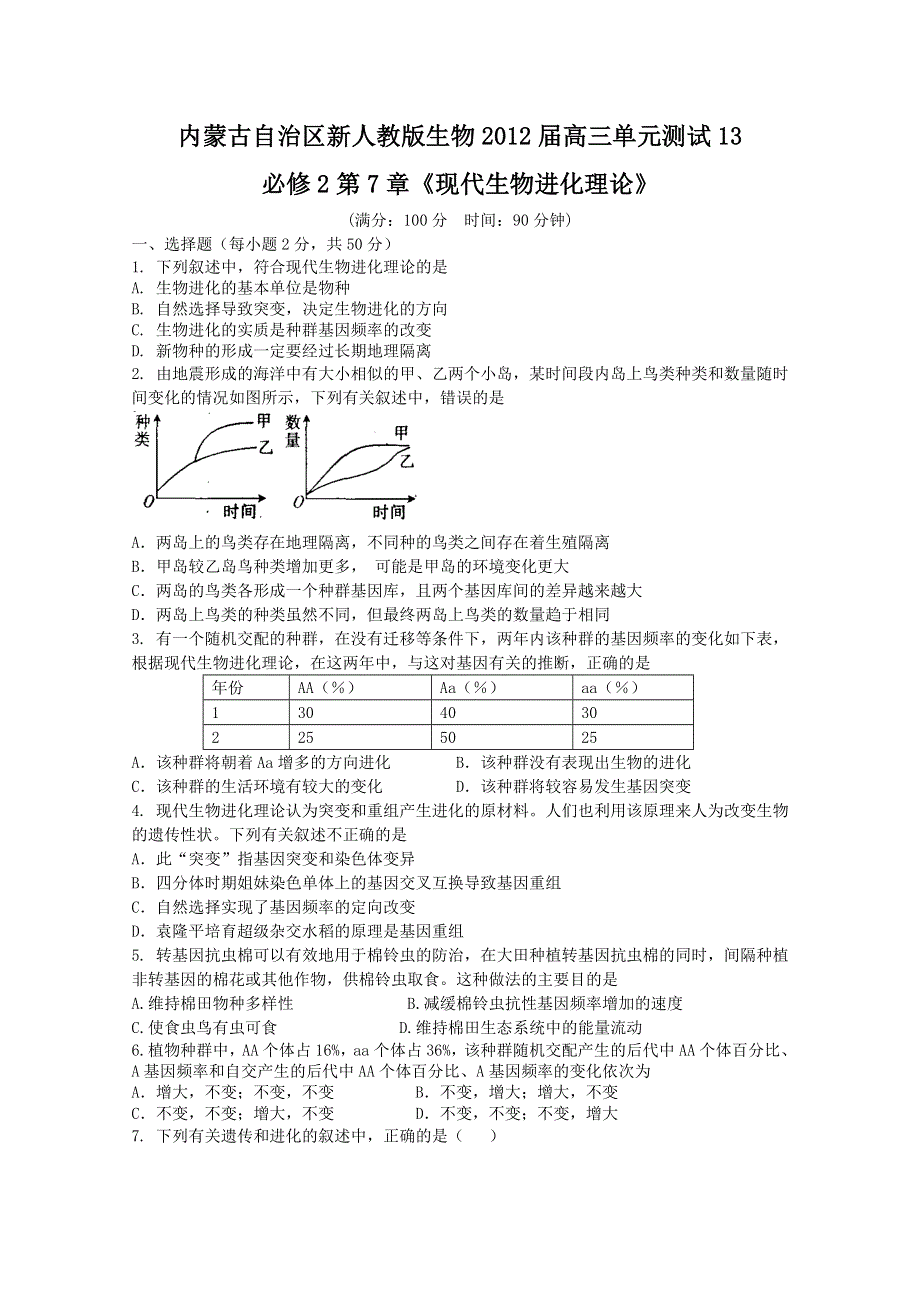 内蒙古新人教版生物2012届高三单元测试13：必修2第7章《现代生物进化理论》.doc_第1页