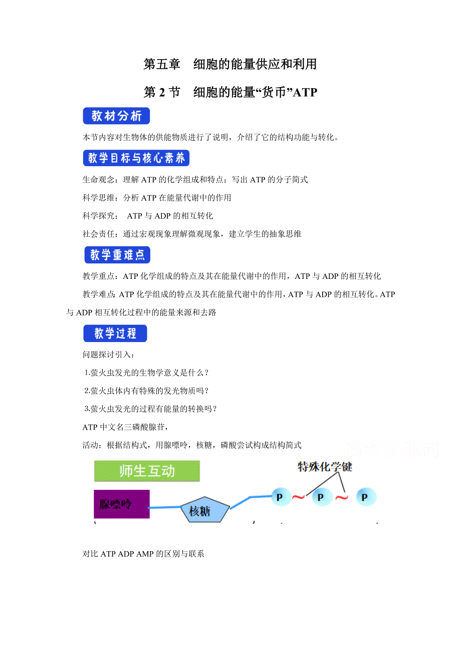 新教材2021-2022学年高中生物人教版必修第一册教案：第五章细胞的能量供应和利用第二节细胞的能量“货币”ATP WORD版含答案.docx_第1页