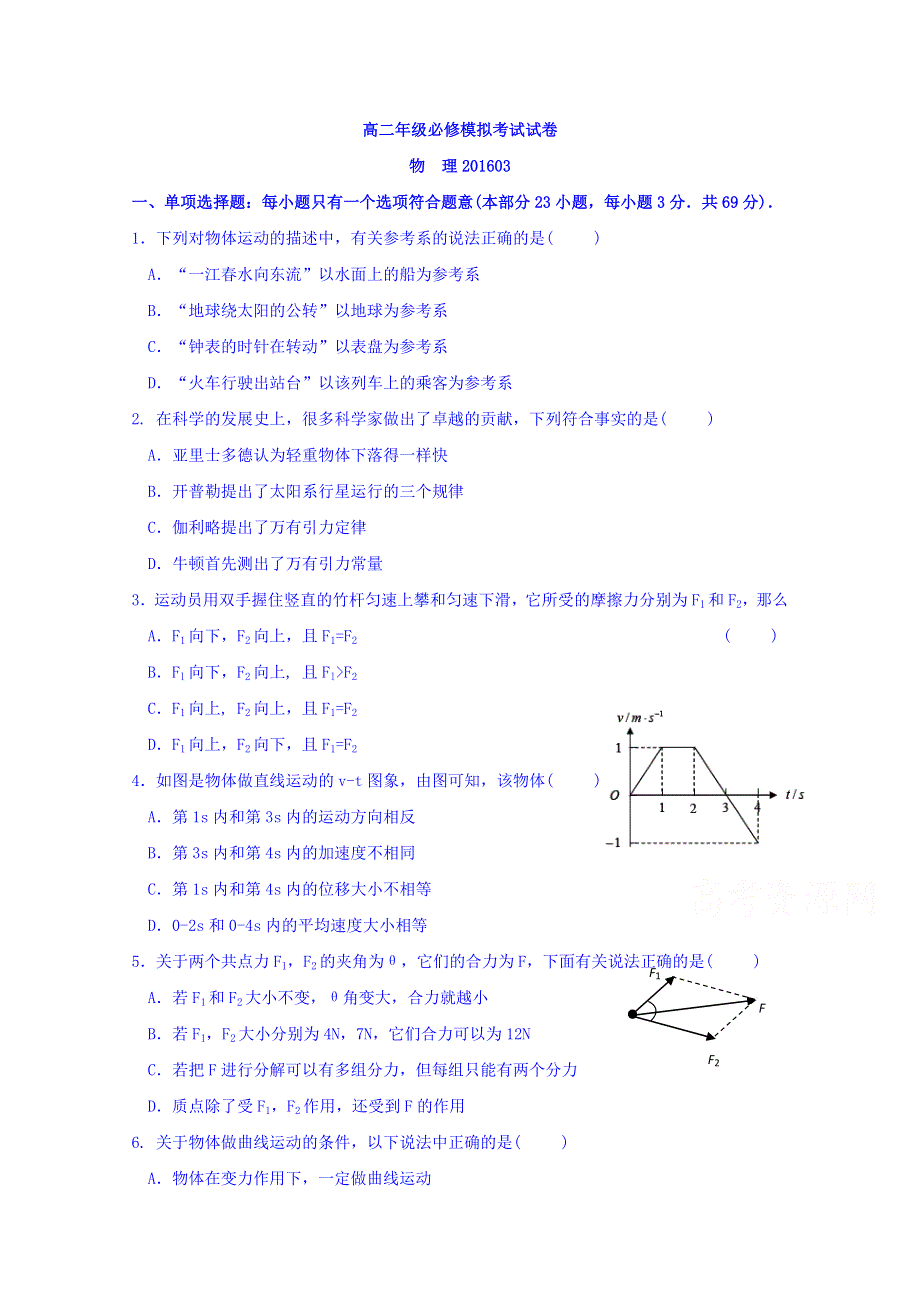 江苏省丹阳高级中学2015-2016学年高二下学期学业水平测试（小高考模拟）物理试题 WORD版含答案.doc_第1页