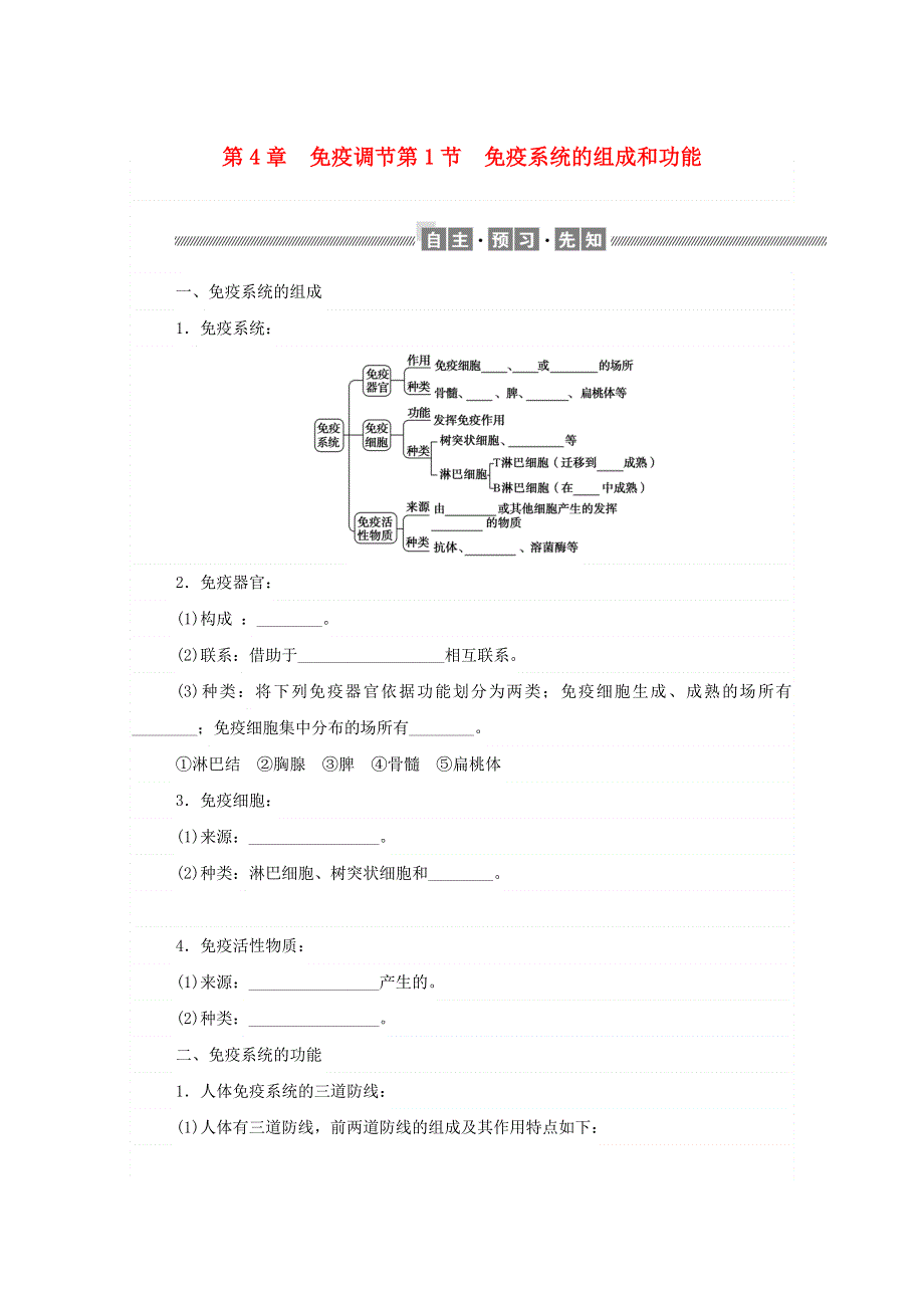 2020-2021学年新教材高中生物 第4章 免疫调节 第1节 免疫系统的组成和功能课前习题（含解析）新人教版选择性必修1.doc_第1页