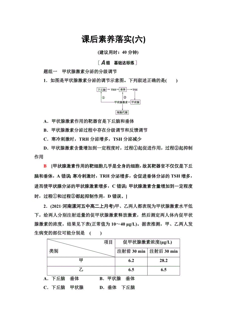 2021-2022同步新教材苏教版生物选择性必修1课后练习：1-2-2　激素的作用特点　其他体液成分参与的体液调节　关注过量使用激素和滥用兴奋剂的问题 WORD版含解析.doc_第1页