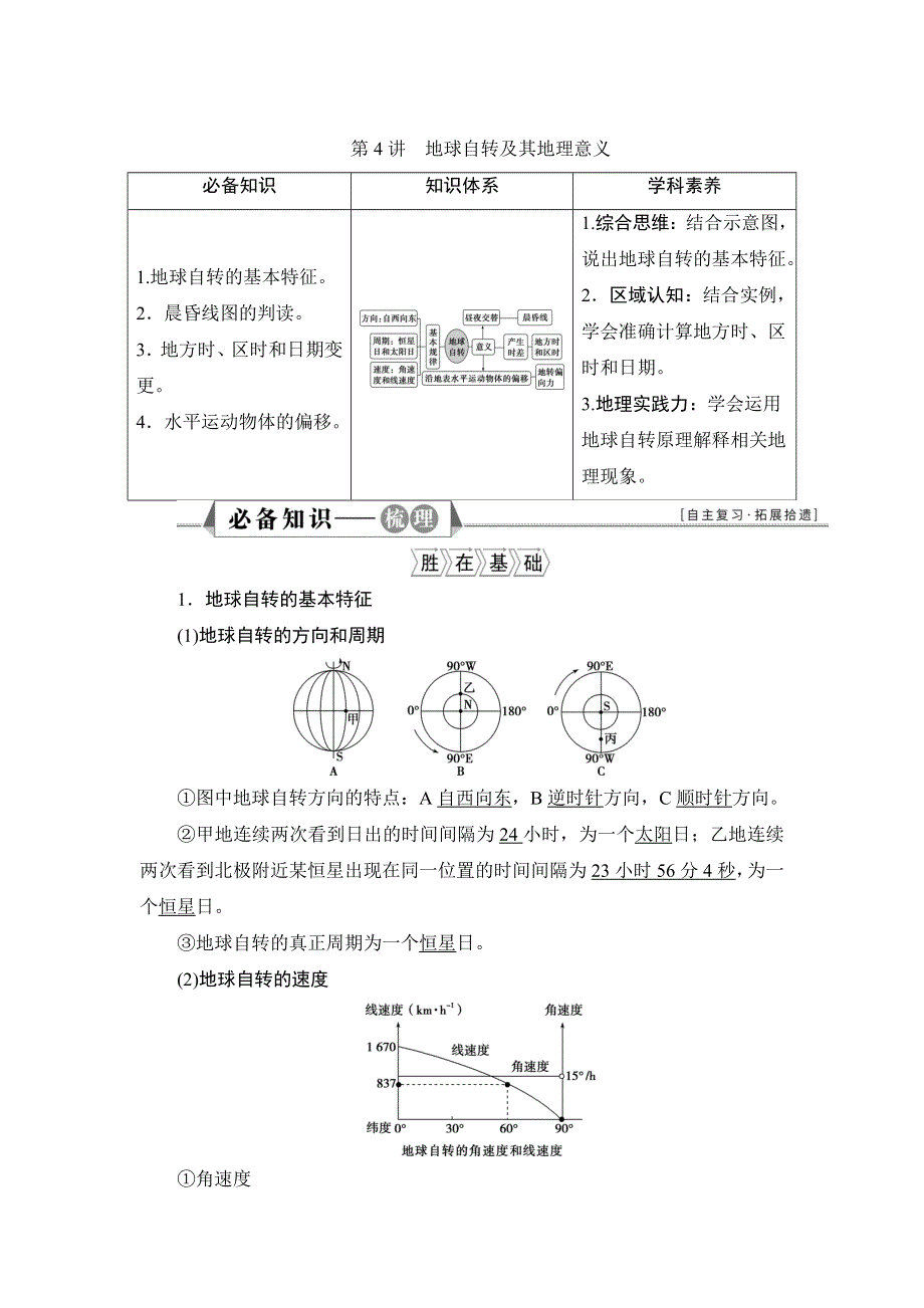 2022新高考地理湘教版一轮总复习学案：第一章 第4讲　地球自转及其地理意义 WORD版含答案.doc_第1页