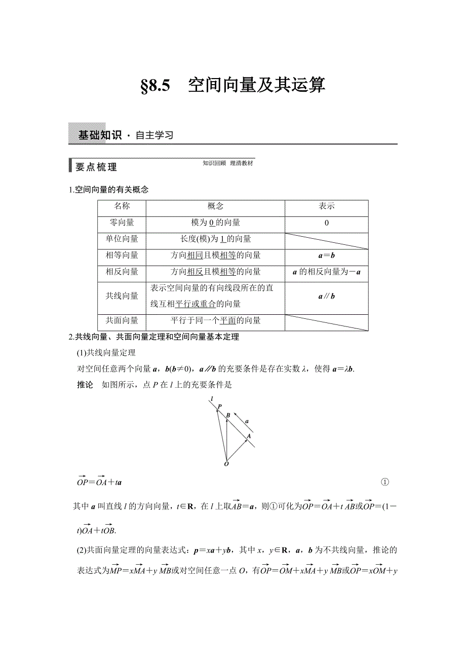 《步步高》2015高考数学（苏教版理）一轮配套文档：第8章8.5 空间向量及其运算.DOC_第1页