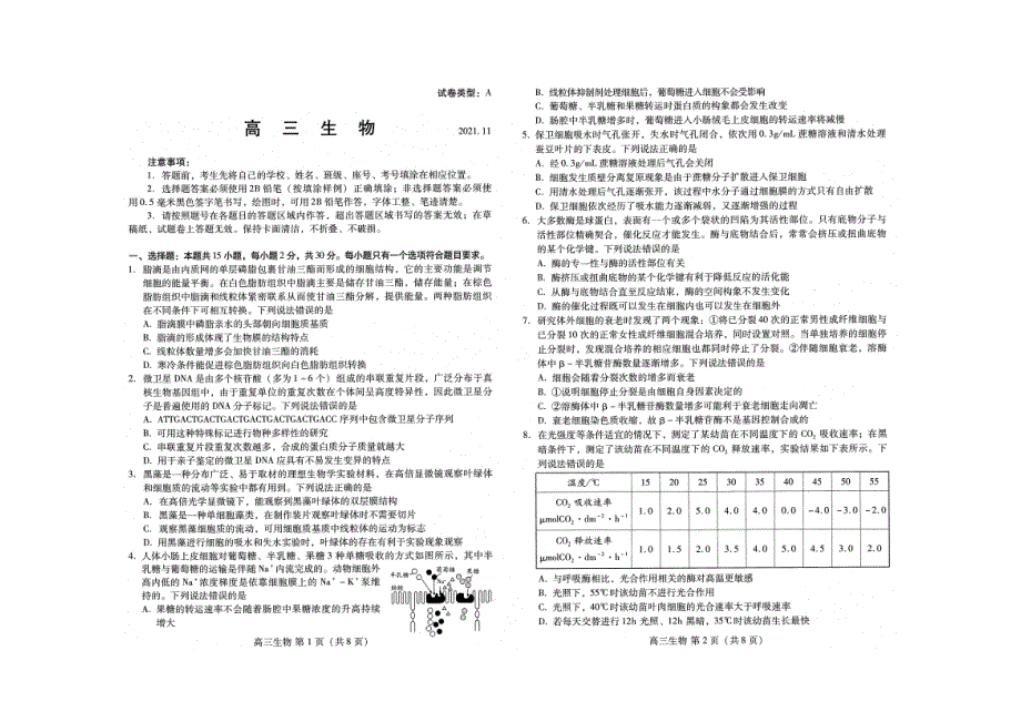 山东省潍坊市2022届高三生物上学期期中统考试题（pdf无答案）.pdf_第1页