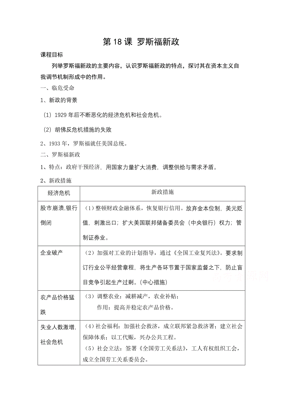 广东省江门市第一中学2016-2017学年（人教版）高一历史必修二教案：第18课 罗斯福新政.doc_第1页