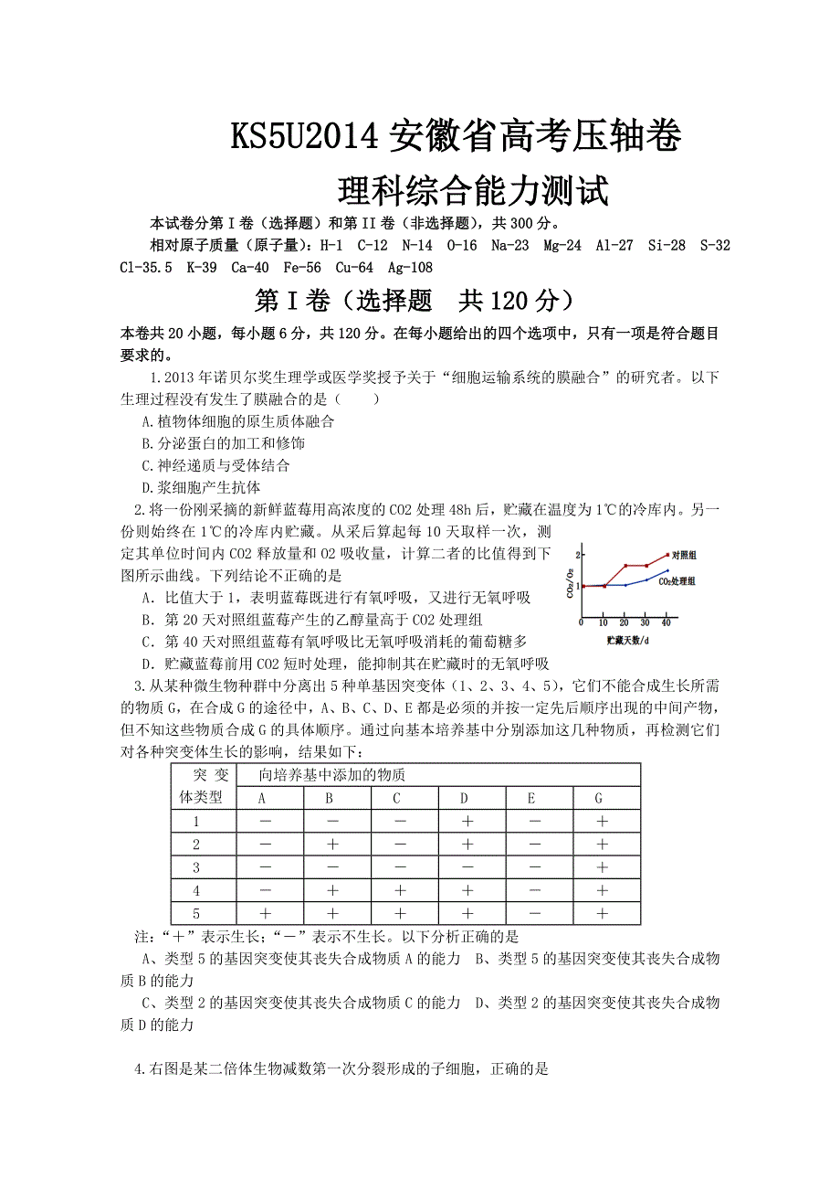 2014安徽省高考压轴卷 理综试题 WORD版含解析.doc_第1页